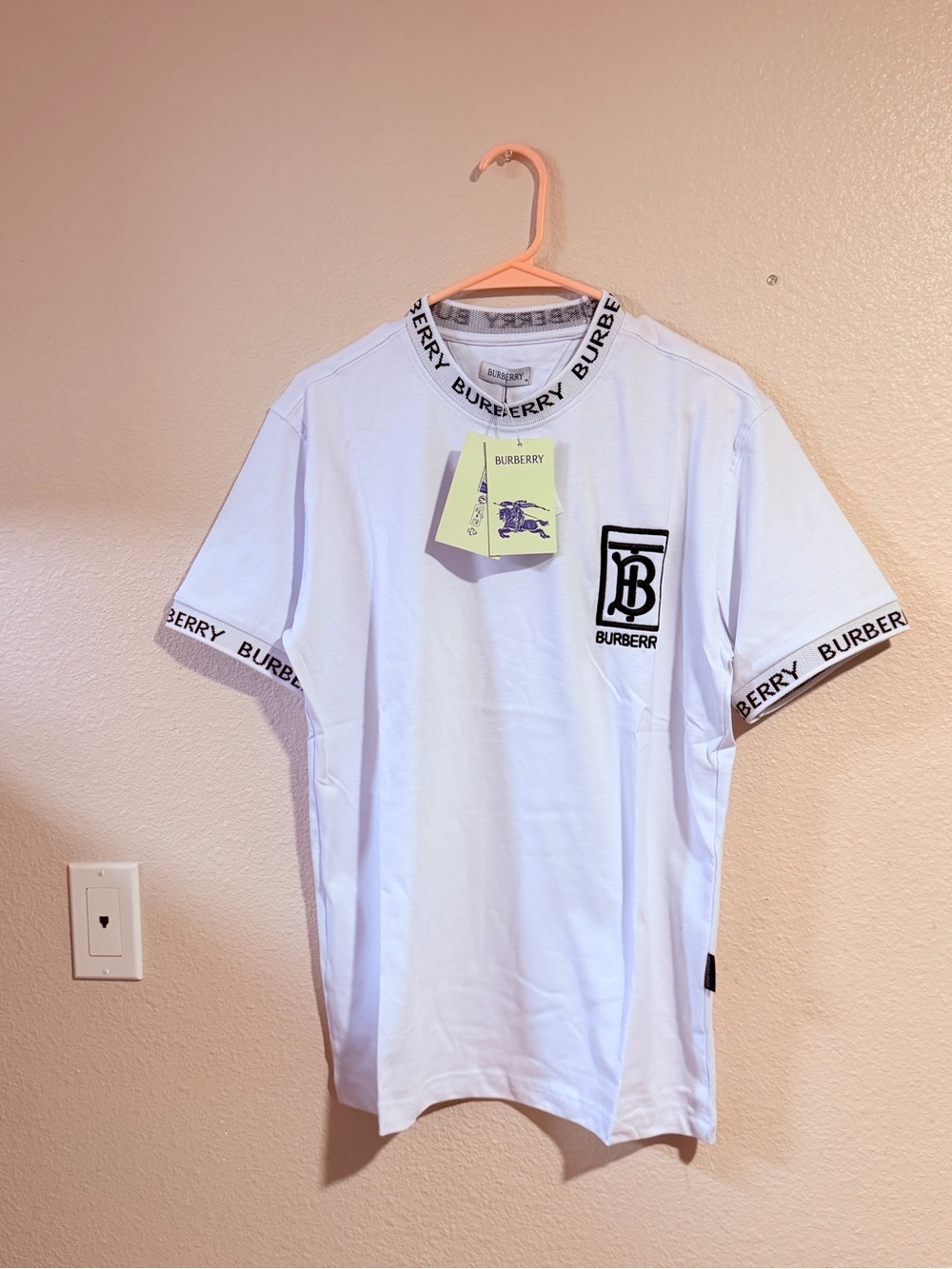 Burberry White Short-Sleeve TB Monogram Tee with Logo Trim